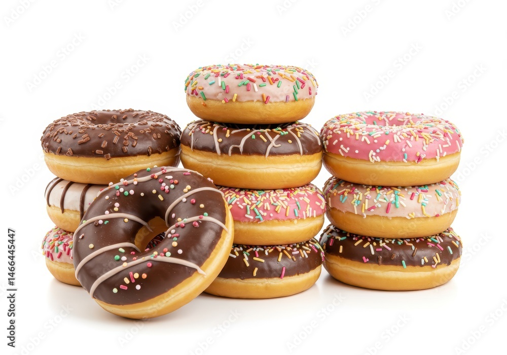 Poster stack of assorted donuts with chocolate and pink frosting and colorful sprinkles on a white backgrou