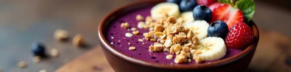 Acai smoothie bowl topped with granola, banana slices, berries, and seeds in ceramic bowl, smoothie, vegetarian, colorful