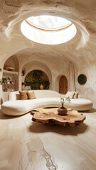 Eco Style Wabi Sabi Living Room With Organic Sofa And Natural Clay and Wooden Textures