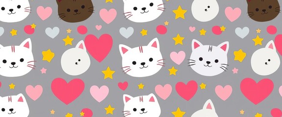 Adorable cartoon cat faces, hearts, and stars forming a seamless repeating pattern, fabric, image