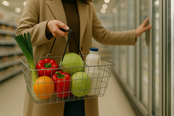 A customer shopping in a supermarket, holding a metal wire basket filled with assorted groceries. Only her torso and hand are visible as she reaches a product in a refrigerator 