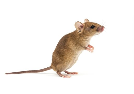 A small brown mouse stands on its hind legs against a plain white background