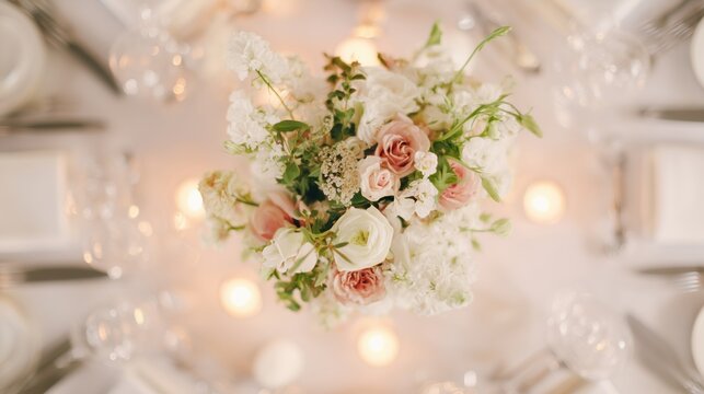 Elegant wedding table with floral centerpiece and fine china, radiating timeless romance and sophistication