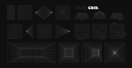 Collection of different futuristic perspective grid box and shapes. Abstract wireframe with white grid line on black background. Virtual reality landscape in 80s 90s digital style. Vector illustration