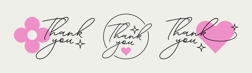 Thank You lettering phrase set with flower, heart and sparkles. calligraphy design for postcards, reviews, inspiration and motivation message. Phrase design inspired by positive vibes
