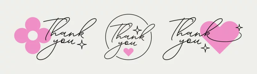 Fotobehang Positive Typography Thank You lettering phrase set with flower, heart and sparkles. calligraphy design for postcards, reviews, inspiration and motivation message. Phrase design inspired by positive vibes  © NazArt