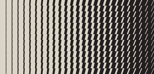 Trendy geometric seamless pattern with transition effect directed vertically. Abstract monochrome background with dynamic gradient from bold to thin shape. Design with distortion and glitch effect
