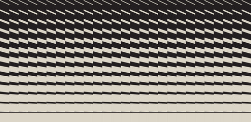 Trendy geometric seamless pattern with transition effect directed horizontally. Abstract monochrome background with dynamic gradient from bold to thin shape. Design with distortion and glitch effect