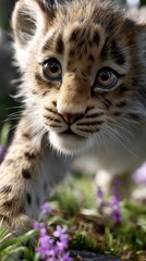 Obraz premium Close-up of a playful, adorable, cub exploring