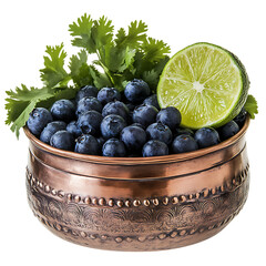 Blueberries Cilantro and Lime in Copper Bowl Isolated on Transparent Background