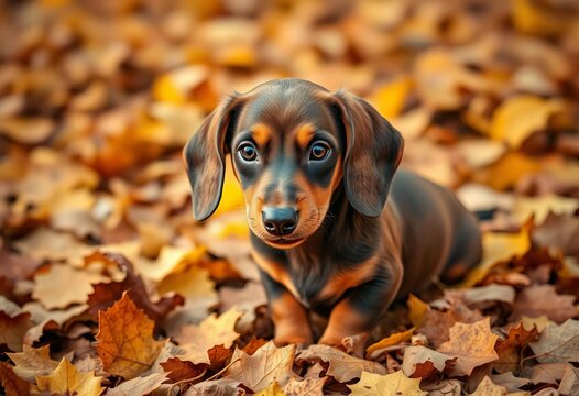 Adorable smooth-haired dachshund puppy playing in autumn leaves, foliage, miniature