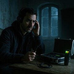 Investigator records EVPs in abandoned room with old gear. AI-generated