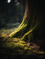 Close-up of a venerable tree trunk, its base adorned with vibrant green moss, bathed in dappled sunlight within a dense forest, creating a serene and timeless scene.