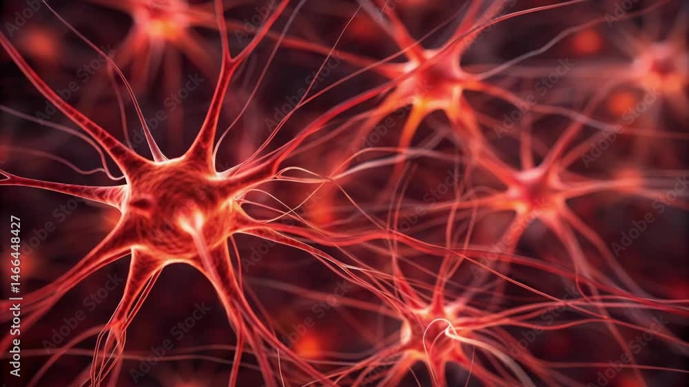 Poster brain inflammation concept,abstract biology of inflamed neurons in red motion energy and connection 