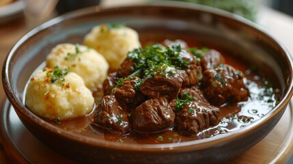 Delicious Traditional Czech Cuisine Featuring Tender Beef Goulash with Bread Dumplings and Garnish