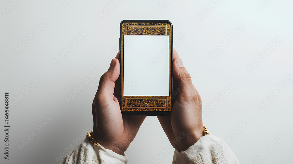 Poster hands hold mobile phone screen mockup smartphone display mock up isolated on white