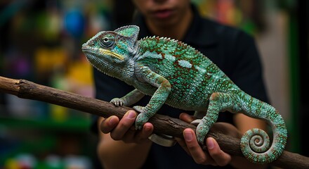 Obraz premium Chameleon on Branch Held by Person