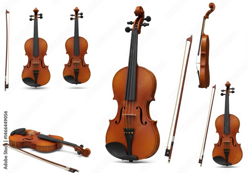 Poster arrangement of several violins and bows displayed on a white background in various orientations and 