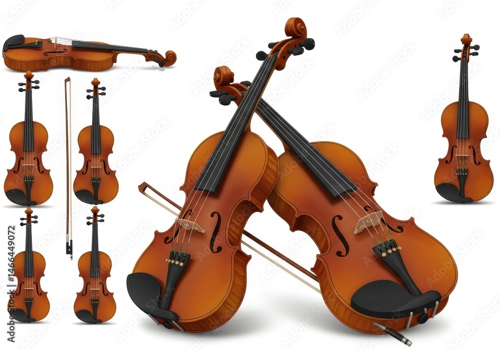 Poster arrangement of violins and bows in various positions against a white background in a studio setting