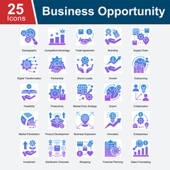 Business Opportunity is a collection of icons representing strategies for identifying and leveraging business opportunities, focusing on growth, expansion, investment, and market strategies.