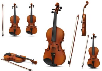 Naklejka premium Arrangement of several violins and bows displayed on a white background in various orientations and positions