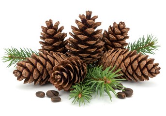 Arrangement of several brown pine cones with green pine needles and seeds on a white background