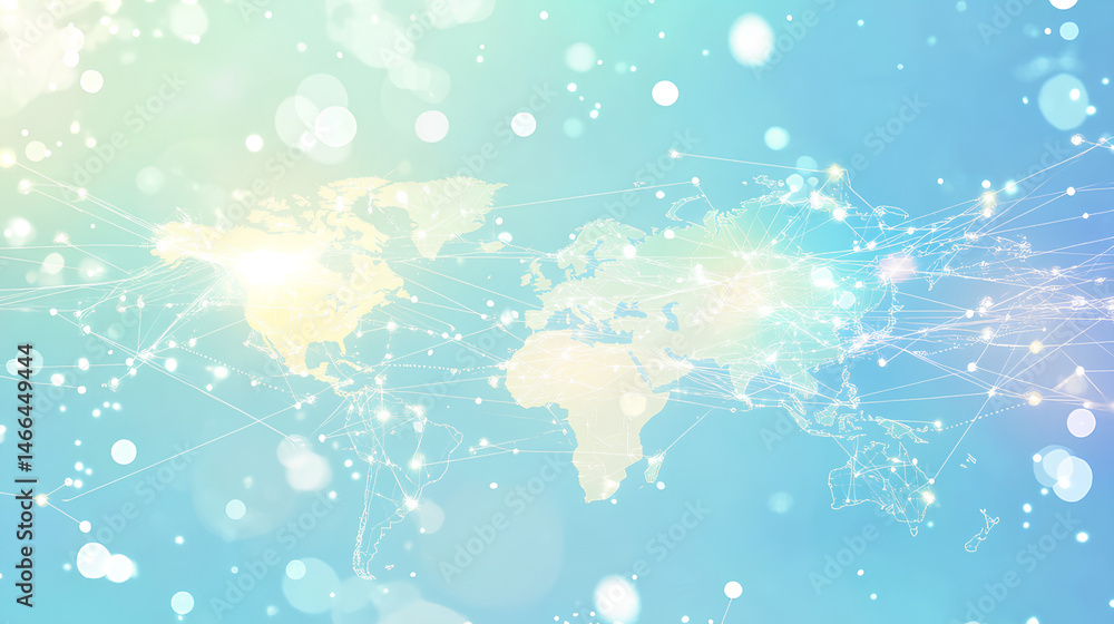 Aufkleber light blue background with a digital world map and global network connections, representing the conc