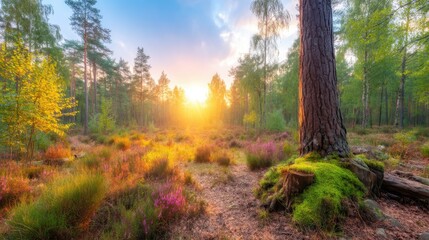 Sunrise lighting a forest path with moss-covered tree and vibrant wildflowers