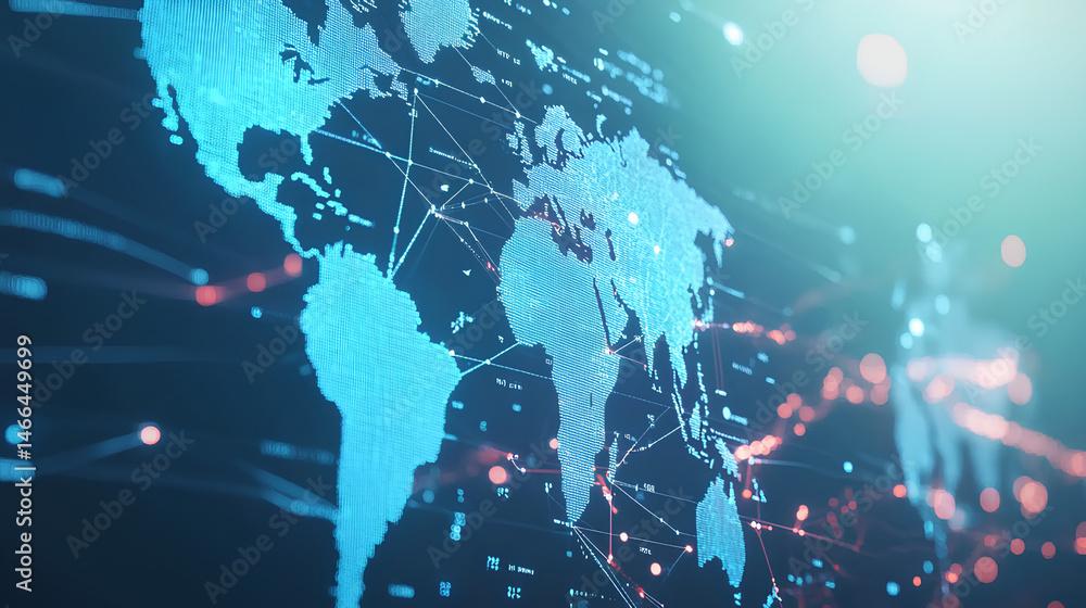 Poster light blue background with a digital world map and global network connections, representing the conc