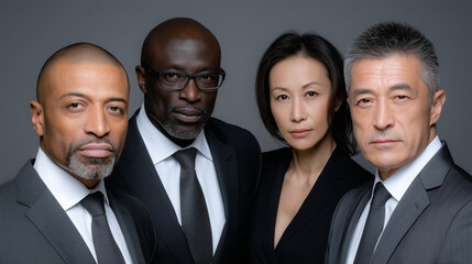 Professional Multiethnic Business Team in Formal Attire Exuding Confidence and Success in a Studio Setting