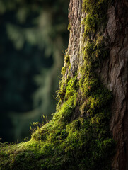 Obraz premium A close-up photograph showcases the vibrant moss and bark of an ancient tree, in a lush forest, with blurred, emerald foliage creating a natural and textured background.