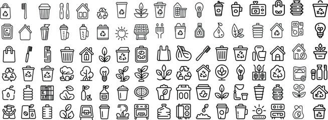 Eco and environment line icon set. Renewable energy, water conservation, earth protection, windmill, eco house and nature. Outline vector icons. Pictogram collection