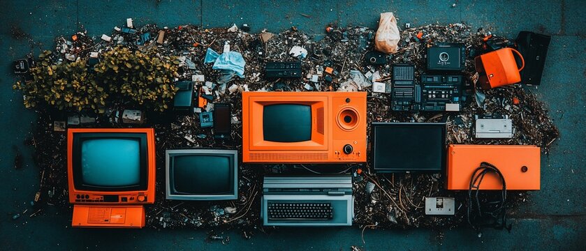Obsolete electronics amid trash, composed of old TVs and computers in a pile