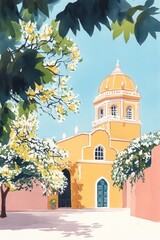 Detailed and Colourful Illustration of Delhi Cityscape on a Sunny Morning with Soft Pastel Colours
