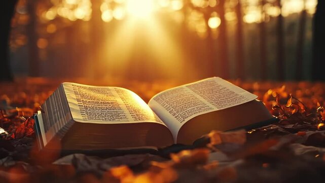 Open Bible in Autumnal Forest at Sunset
