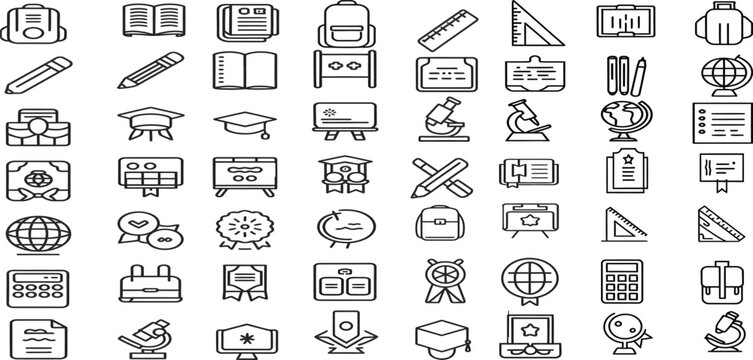 Education line icon set. Book, graduation cap, school, pencil, online learning, certificate and classroom tools. Outline vector icons. Pictogram collection
