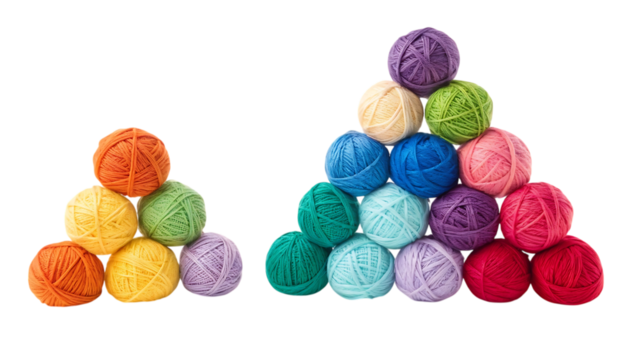 Colorful yarn balls arranged in two pyramids isolated on transparent png background