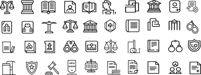 Law and justice line icon set. Gavel, courthouse, scales, contract, police badge, legal document and judge. Outline vector icons. Pictogram collection