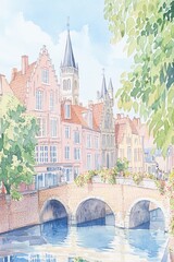 Detailed and Soft Pastel Colour Palette of Bruges Cityscape on a Sunny Morning with Beautiful Architecture and Landmarks