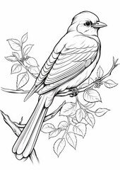 Detailed Black and White Line Drawing of a Bird Perched on a Branch
