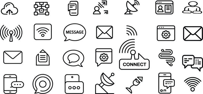 Internet and communication line icon set. Wi-Fi, chat, email, cloud, smartphone, signal and online network. Outline vector icons. Pictogram collection