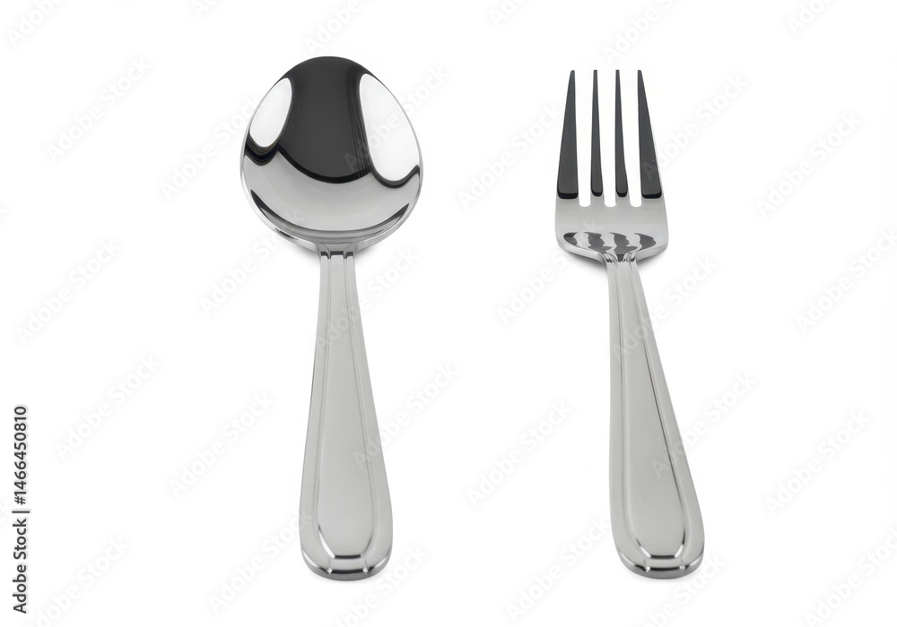 Poster shiny spoon and fork lying side by side on a white surface in a simple composition