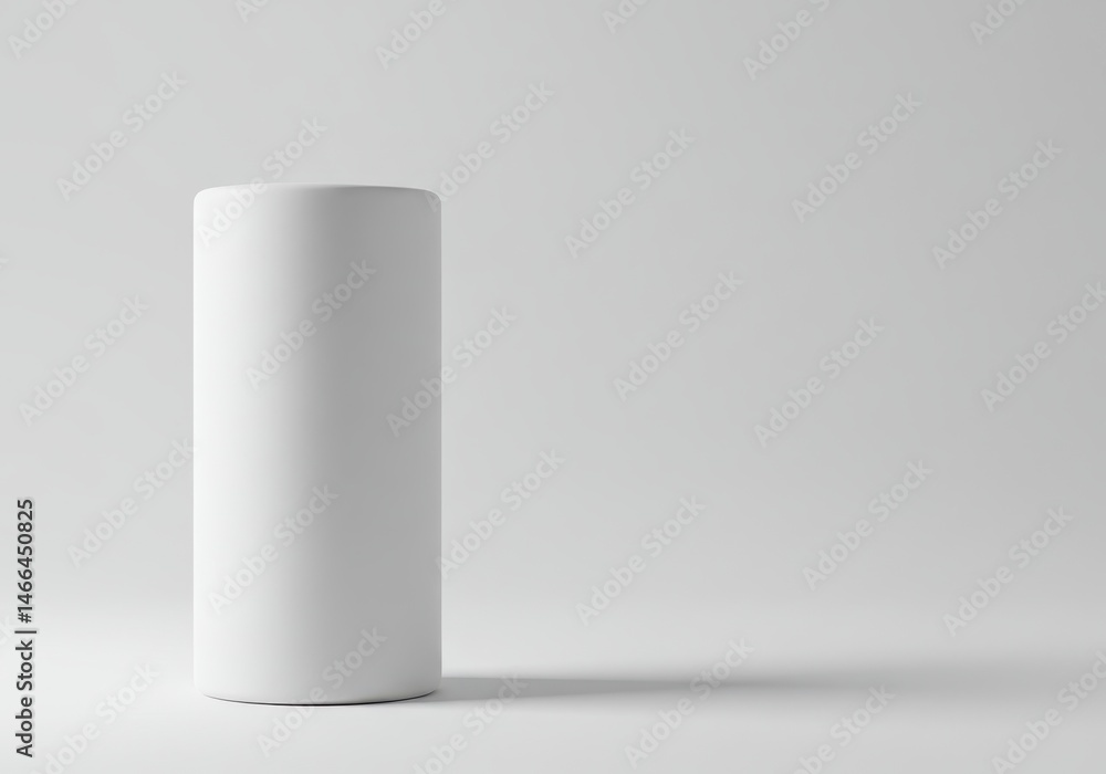 Poster minimalist studio shot of a white cylinder against a plain gray backdrop with soft shadow, creating 