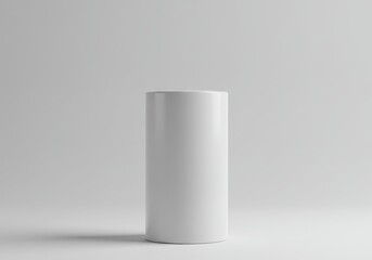 Minimalist composition of a single white cylinder on a seamless gray background with soft lighting
