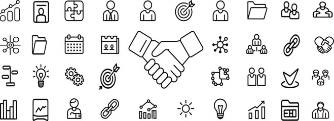 Naklejka premium Teamwork and collaboration line icon set. Group, brainstorming, idea sharing, meeting, communication and team goals. Outline vector icons. Pictogram collection
