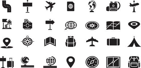 Travel line icon set. Airplane, map, suitcase, passport, hotel, ticket and adventure icons. Outline vector icons. Pictogram collection