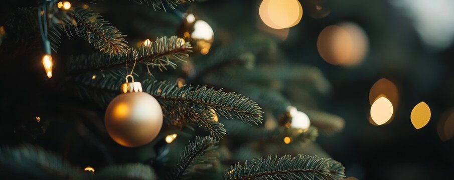 Detailed Close Up of Decorated Christmas Tree with Golden Bulbs and Dark Background