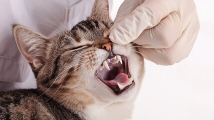 Detailed examination of an American Shorthair cat's teeth on a white background