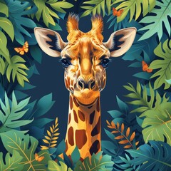 Detailed Flat Illustration of a Giraffe Head with Leaves on a White Background