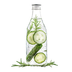 Cucumber and Rosemary in Sparkling Water Glass Isolated on Transparent Background